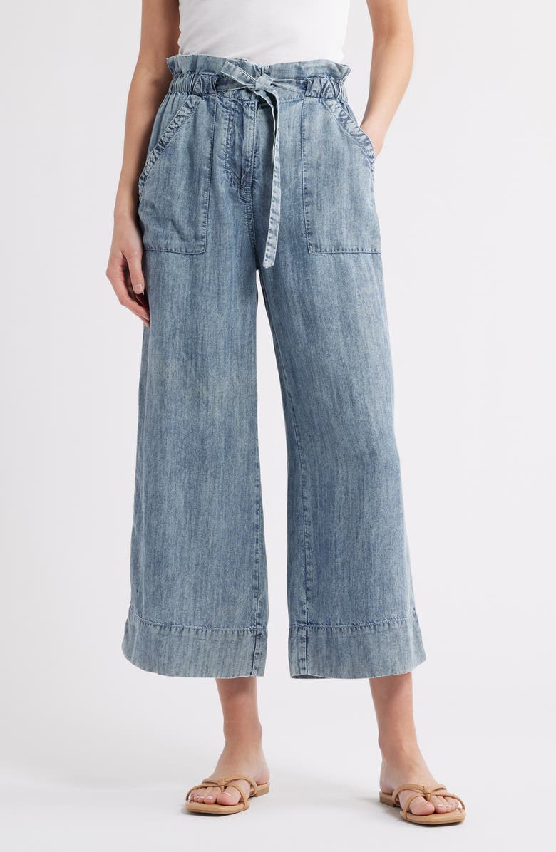 Hatley Acid Wash Tie Front Crop Wide Leg Chambray Pants, Main, color, 