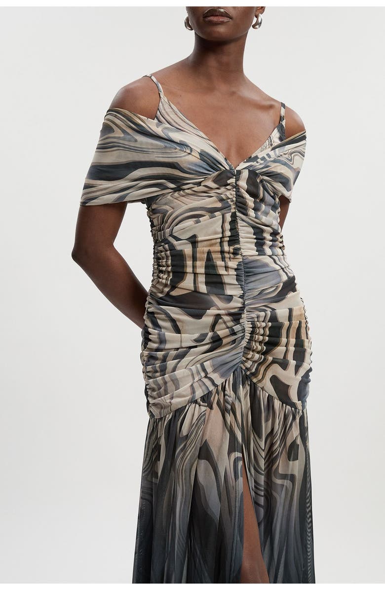 Karen Millen Marble Print Mesh Plunge Maxi Dress, Alternate, color, Mono