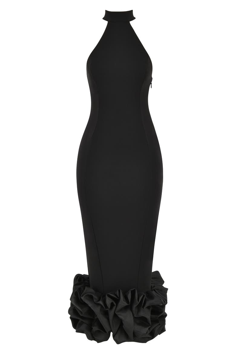 Juniper Halter Neck Ruffle Hem Crepe Cocktail Dress, Alternate, color, BLACK