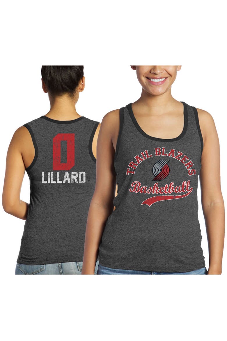 Women's Majestic Threads Damian Lillard Black Portland Trail Blazers Name and Number Tri-Blend Tank Top, Main, color, Black