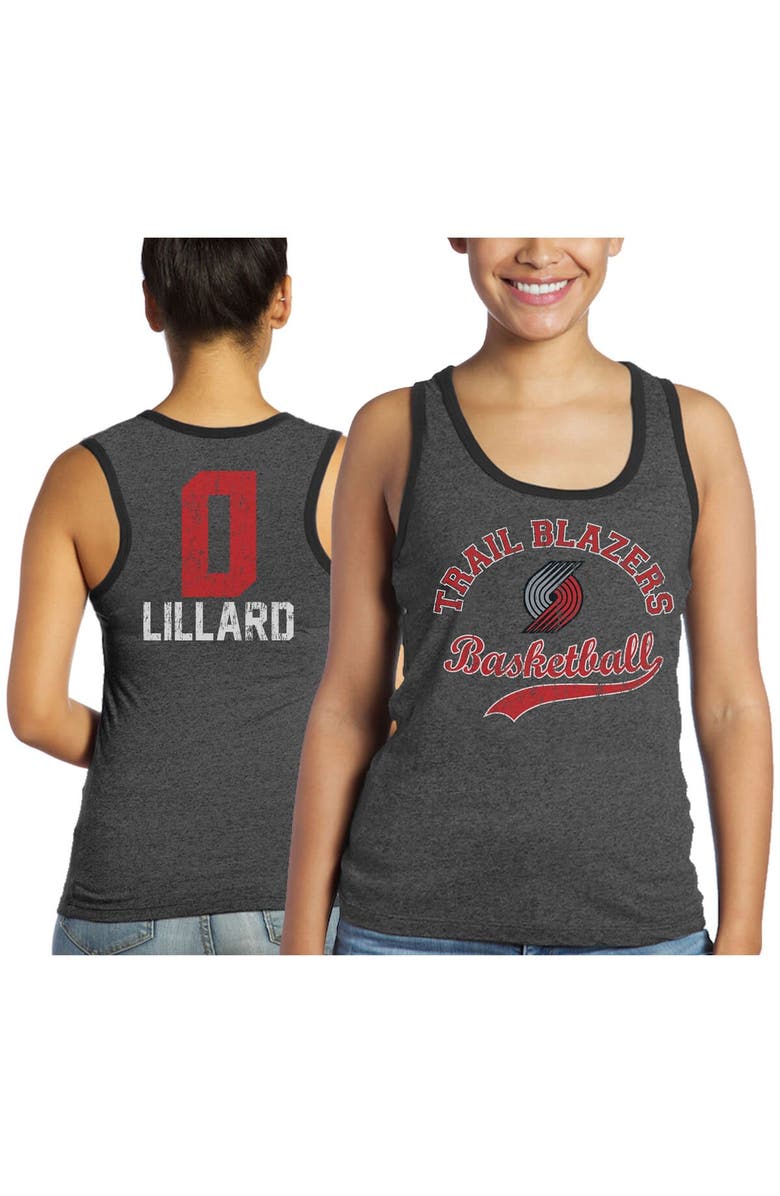 Majestic Threads Women's Majestic Threads Damian Lillard Black Portland Trail Blazers Name and Number Tri-Blend Tank Top, Main, color, 
