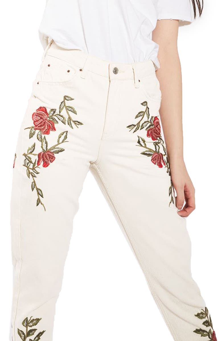 Topshop Rose Embroidered Mom Jeans, Main, color,