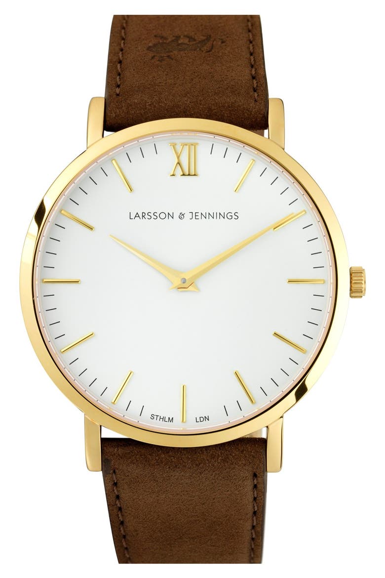 'Lugano' Short Strap Leather Watch, 40mm, Main, color, BROWN/ WHITE/ GOLD