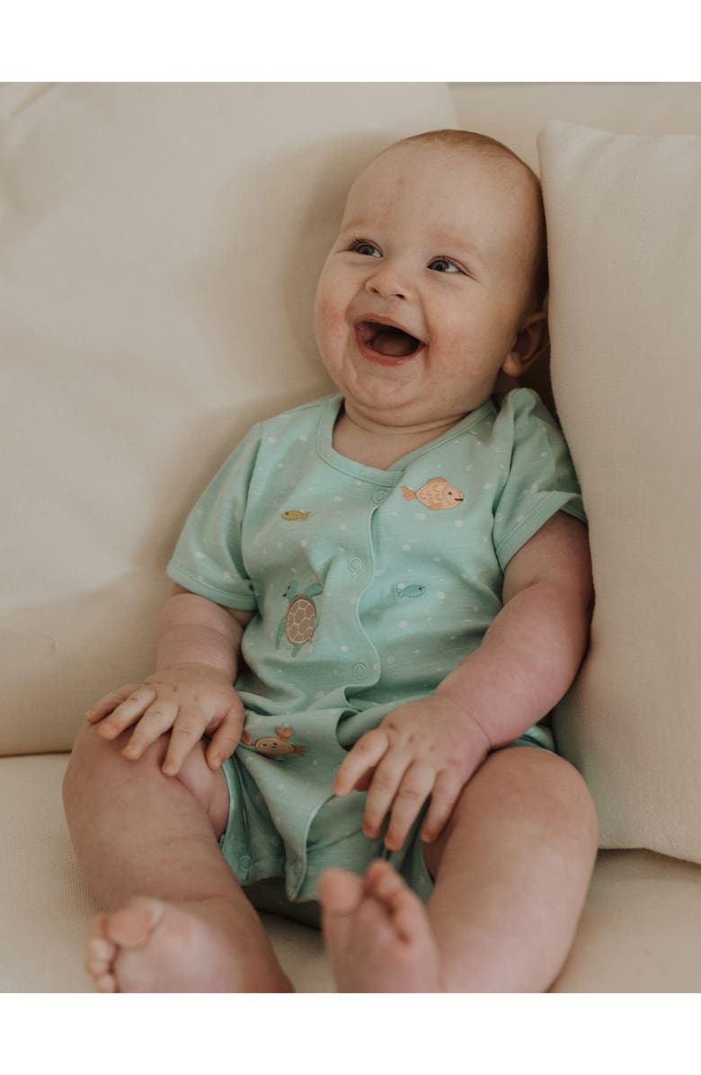 Purebaby Under the Sea Short Button Up Romper, Alternate, color, Seafoam Bubbles Print