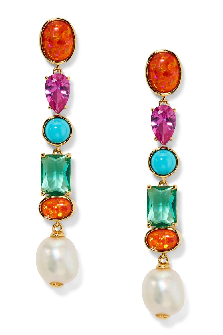 Frieda Cubic Zirconia & Freshwater Pearl Linear Drop Earrings, Main, color, GOLD