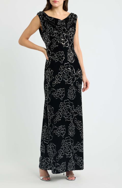 Floral Sequin Drape Neck Velvet Gown