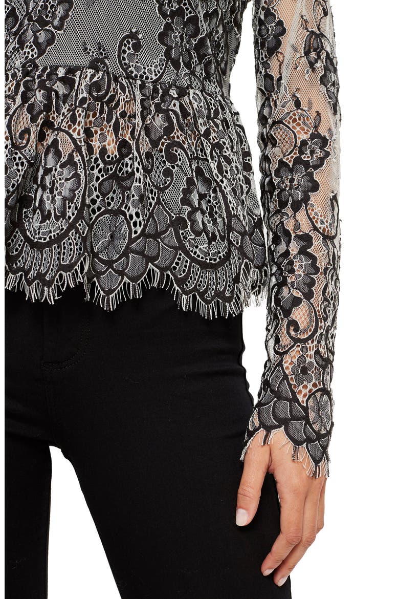 Tie Back Lace Peplum Top, Alternate, color, BLACK MULTI
