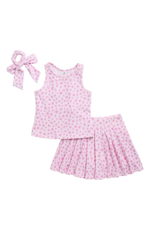 Kids' Floral Tank, Pleated Skort & Bow Scrunchie Set (Big Kid)