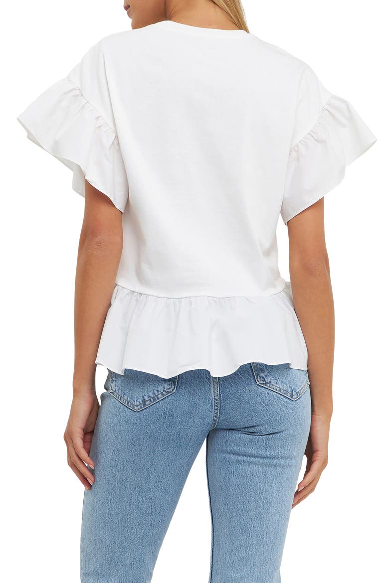 Mixed Media Flutter Sleeve Peplum Cotton Top, Alternate, color, WHITE