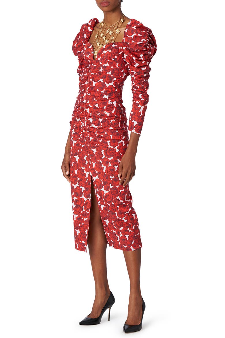 Rose Print Juliet Sleeve Sheath Dress, Main, color, ICON RED MULTI