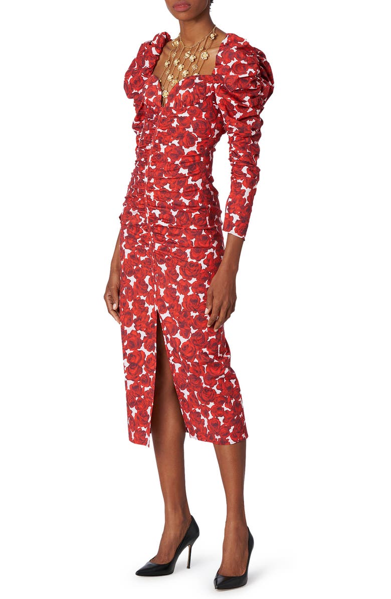 Carolina Herrera Rose Print Juliet Sleeve Sheath Dress, Main, color, 