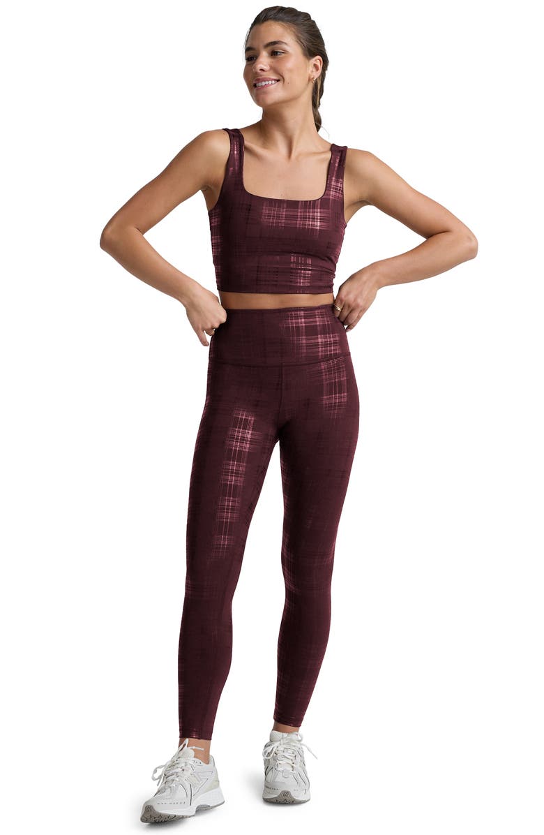 Beyond Yoga High Waist Midi Leggings, Alternate, color, Plaid Foil Burgundy