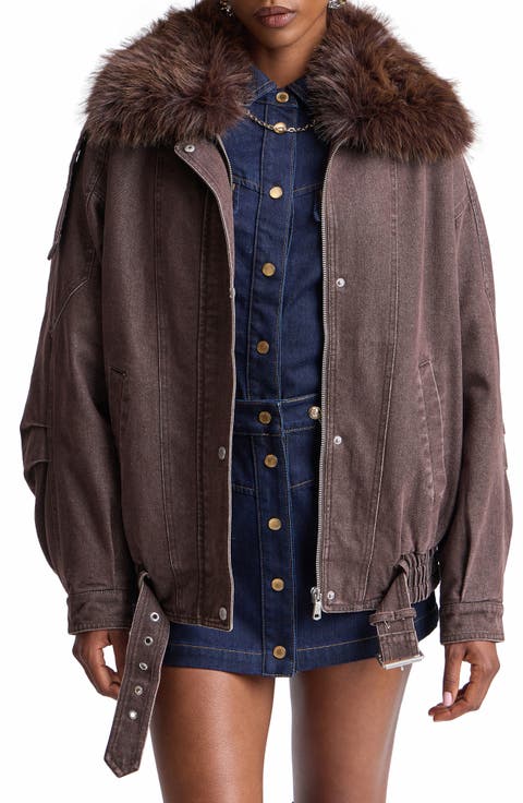 Oversized Faux Fur Collar Denim Bomber Jacket