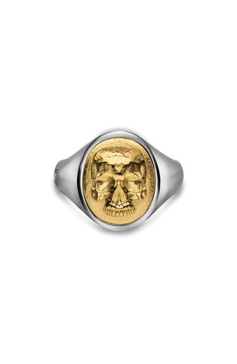Men's Memento Mori Skull Ring in Sterling Silver with 14K Yellow Gold, 18.6mm