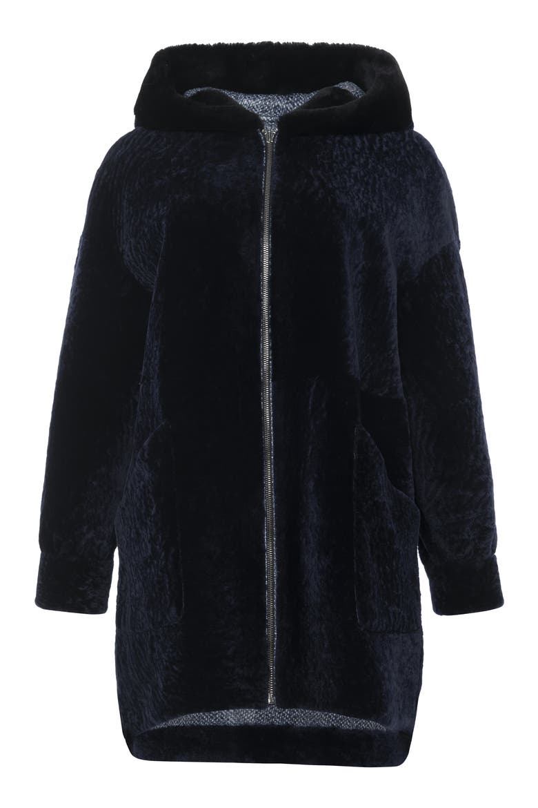 Genuine Shearling Hooded Long Coat, Reversible, Alternate, color, NAVY/BLUE