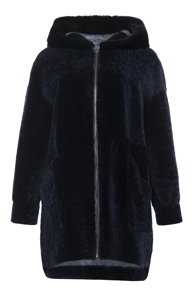 GORSKI Genuine Shearling Hooded Long Coat, Reversible, Alternate, color, Navy/Blue