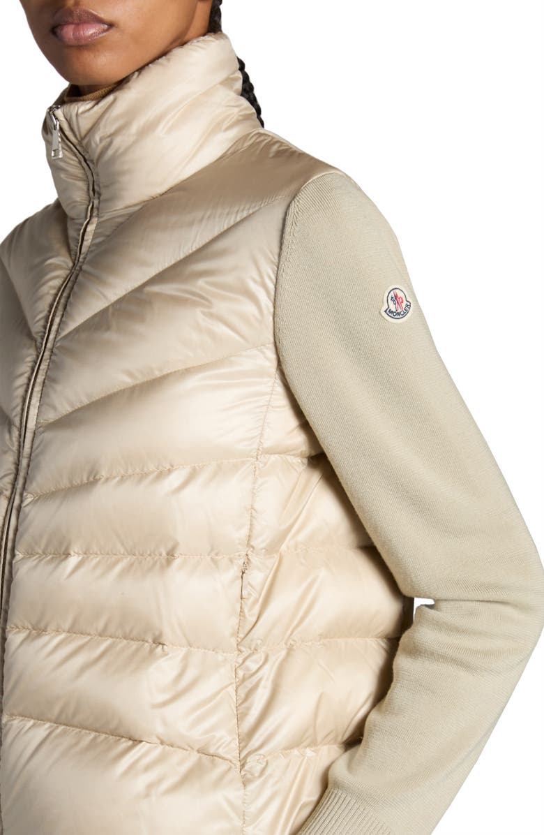 Moncler Quilted Down & Wool Knit Cardigan, Alternate, color, Beige