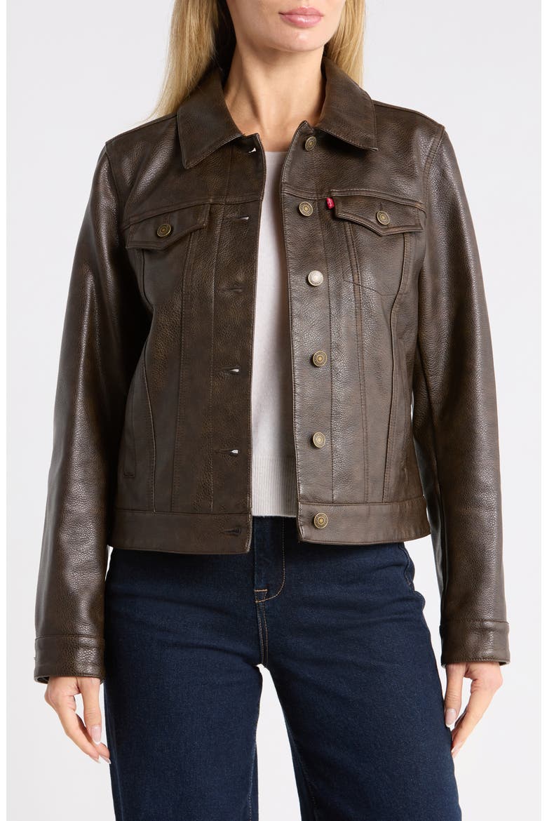 Faux Leather Trucker Jacket, Alternate, color, BROWN