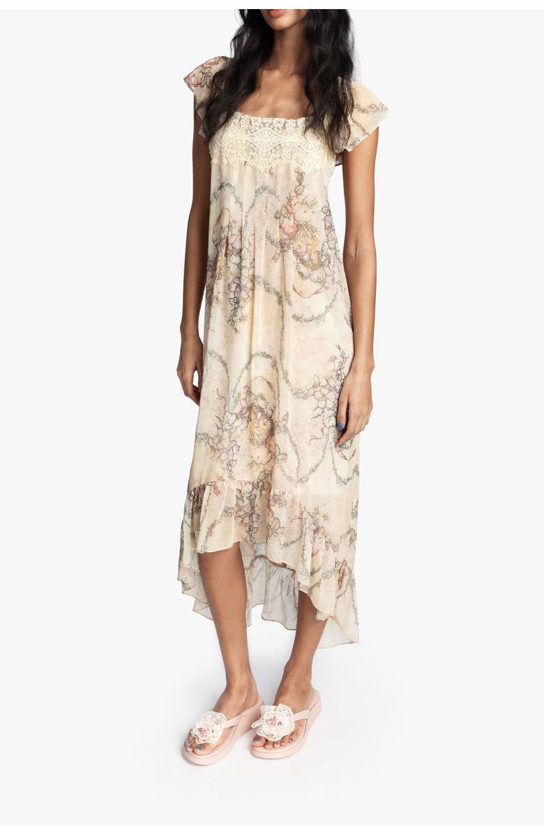 Anna Sui Spirit Bloom Chiffon Ruffle Dress, Alternate, color, Linen Multi
