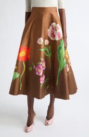 Oscar de la Renta Mixed Botanical Circle Midi Skirt