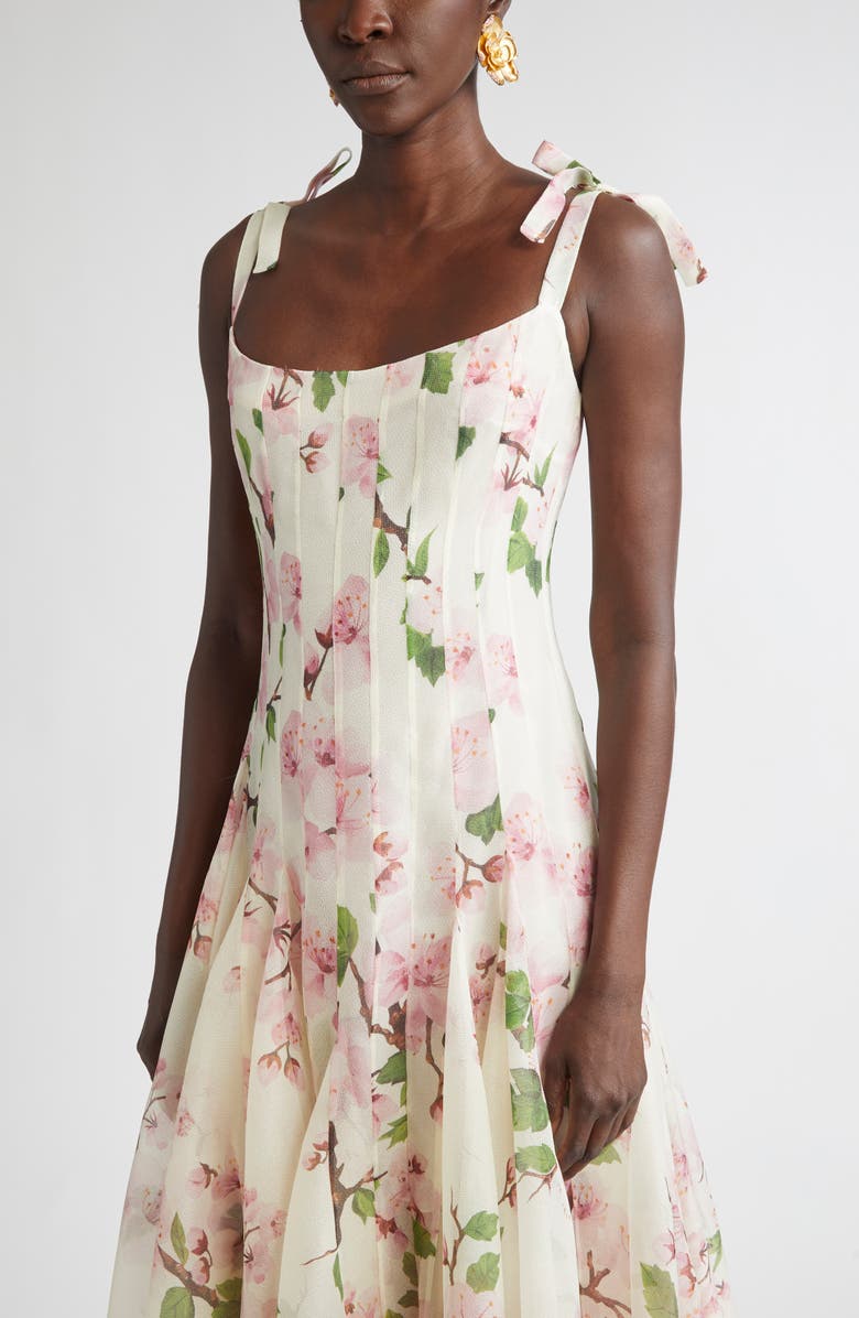 Oscar de la Renta Cherry Blossom Print Pleated Organza, Alternate, color, Pink/ Ivory