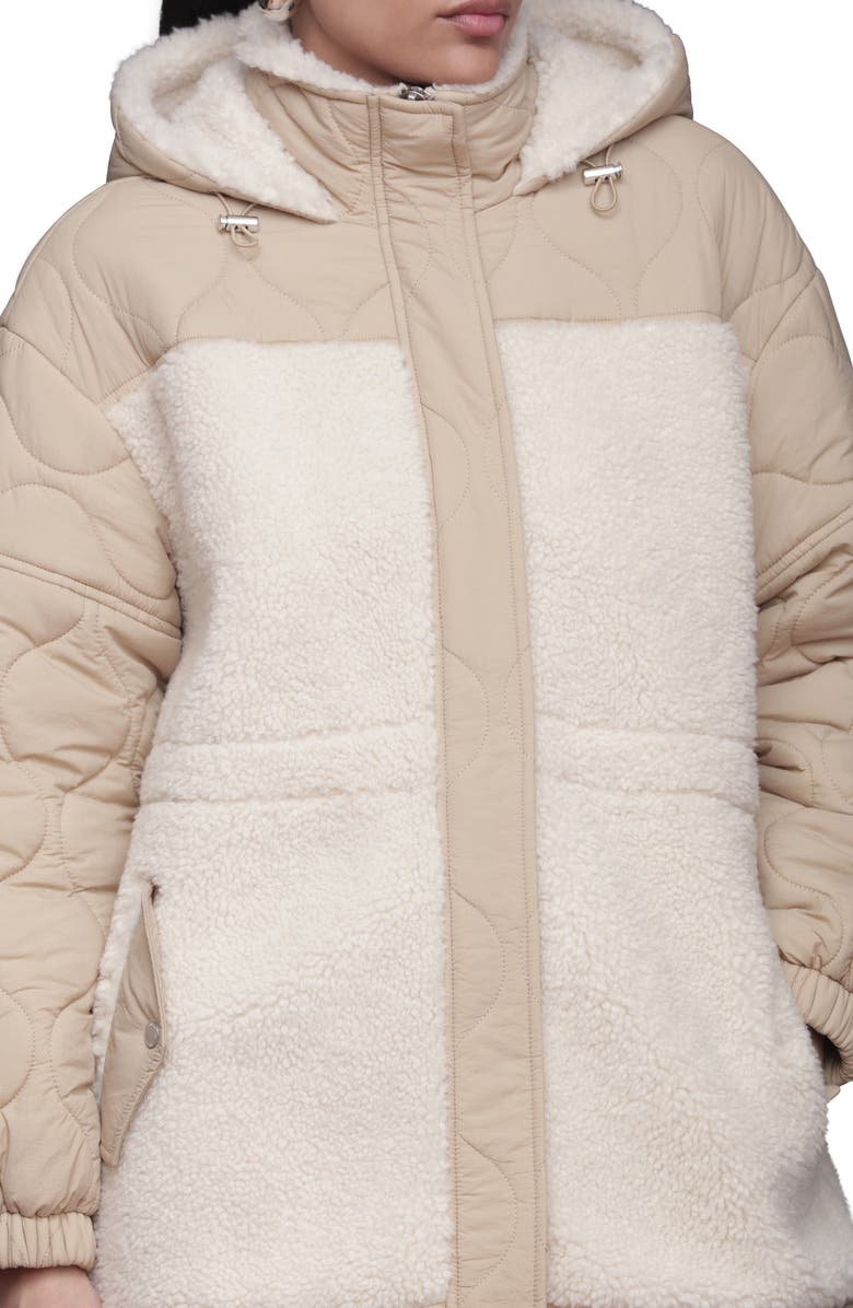 Avec Les Filles Hooded Nylon & Faux Shearling Anorak, Alternate, color, Sand/ Bone