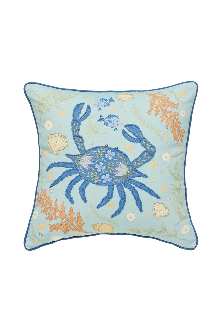 Blue Crab Coral Printed & Embellished Throw Pillow, Main, color, Blue