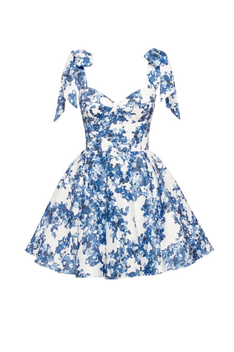 Fitted Bodice A-Line Floral Mini Dress for Cocktail Events, Alternate, color, Blue-Double