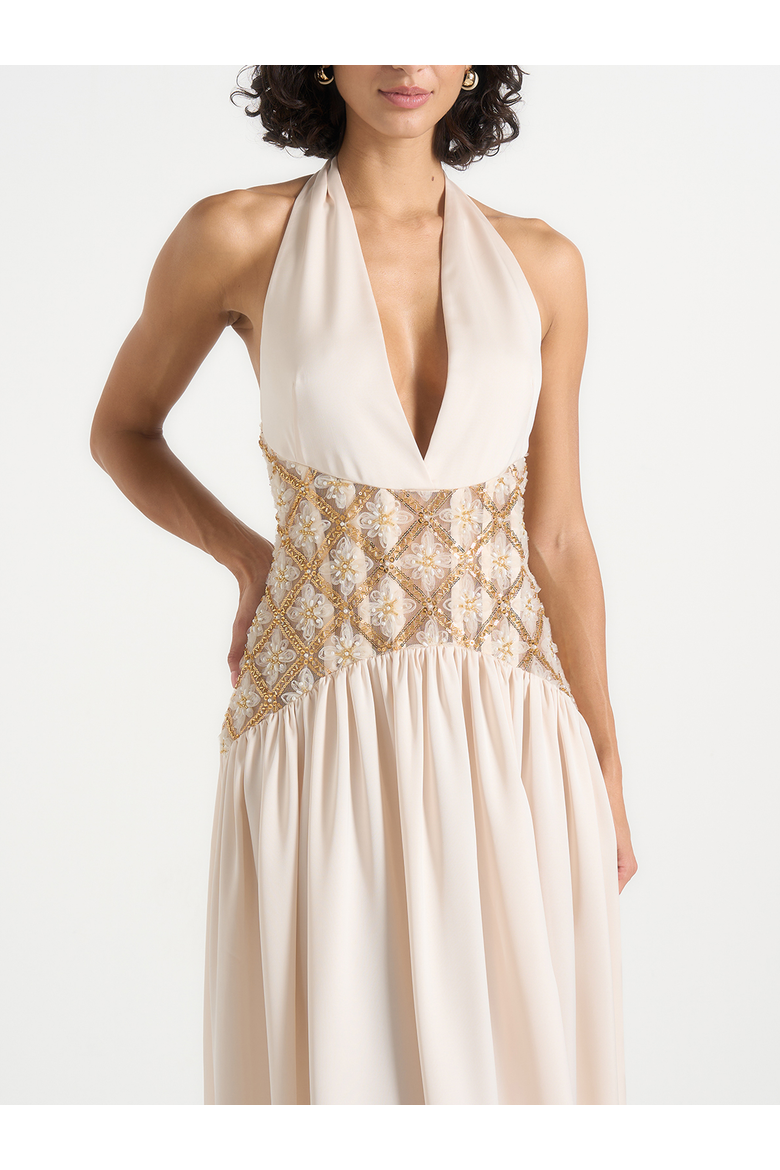 Ava Halterneck Embellished Corset Gathered Maxi Dress, Alternate, color, Cream