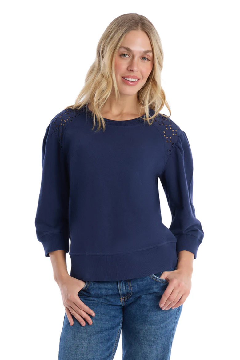3/4 Sleeve with Eyelet Mix Top, Main, color, Naval Academy