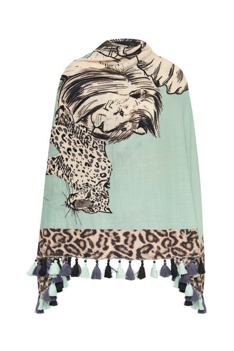 Printed And Embroidered Scarf With Tassels in safari design