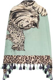 Maison Common Printed And Embroidered Scarf With Tassels in safari design