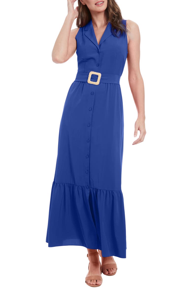 London Times Sleeveless Belted Maxi Shirtdress, Main, color, Blue