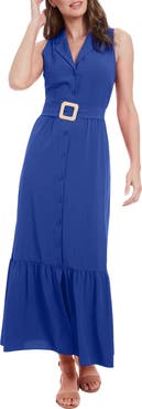 London Times Sleeveless Belted Maxi Shirtdress
