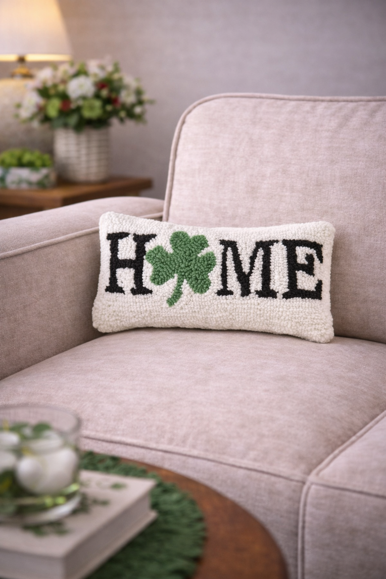 3 Leaf Clover "HOME" Shamrock Hooked Mini Accent Pillow 6" x 12", Alternate, color, White