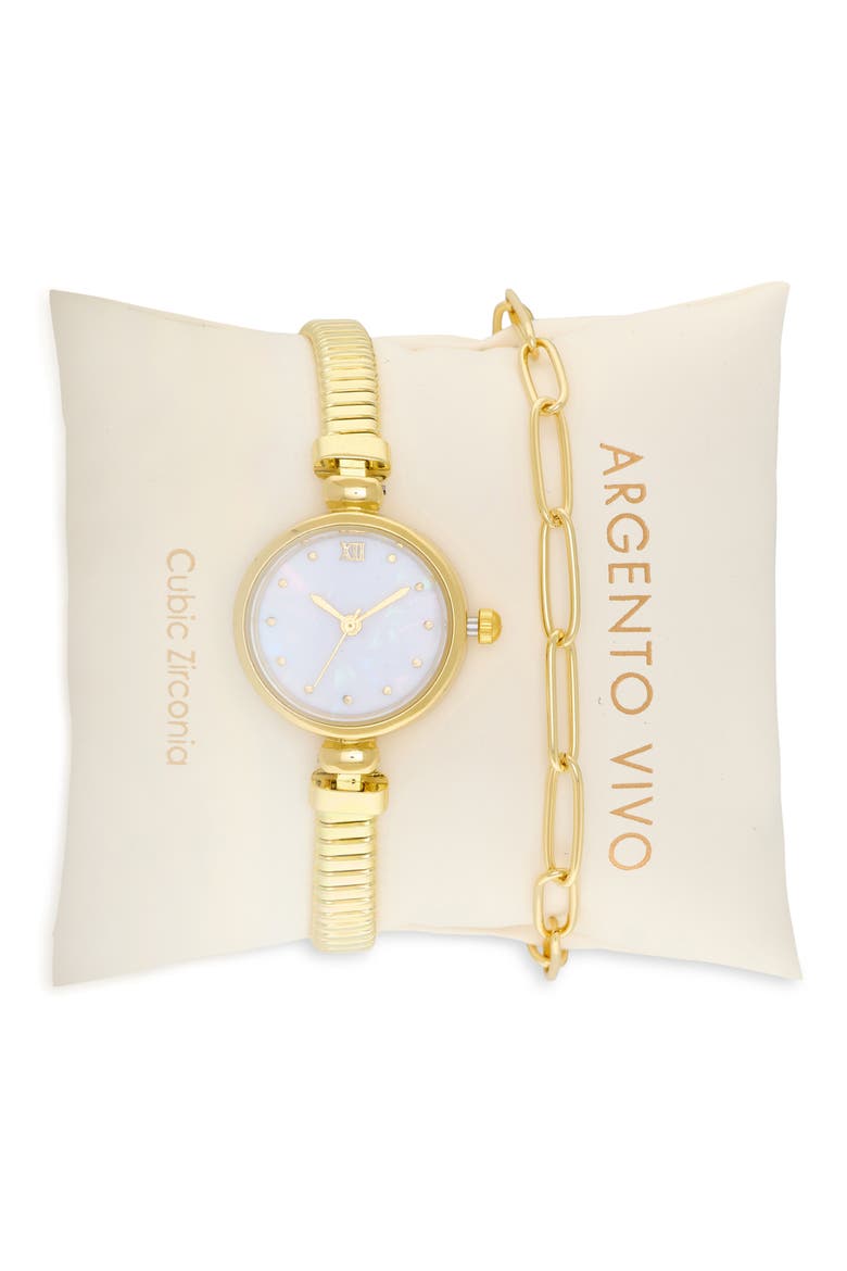 Mother-of-Pearl Bracelet Watch & Chain Bracelet Set, Main, color, GOLD