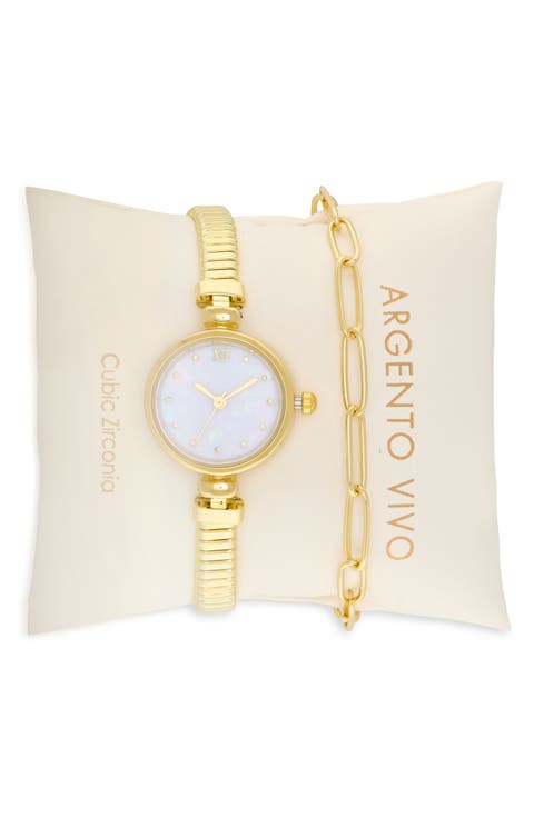 Mother-of-Pearl Bracelet Watch & Chain Bracelet Set