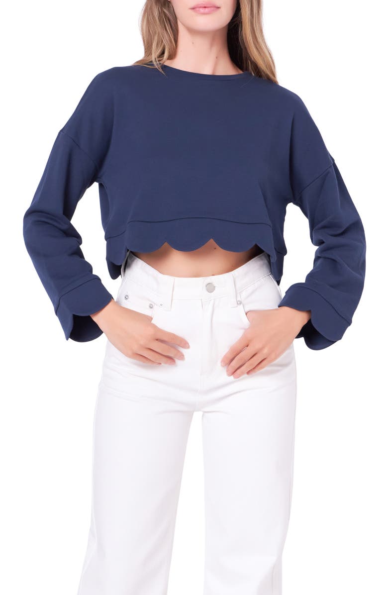 English Factory Scallop Crop Knit Top, Main, color, Navy