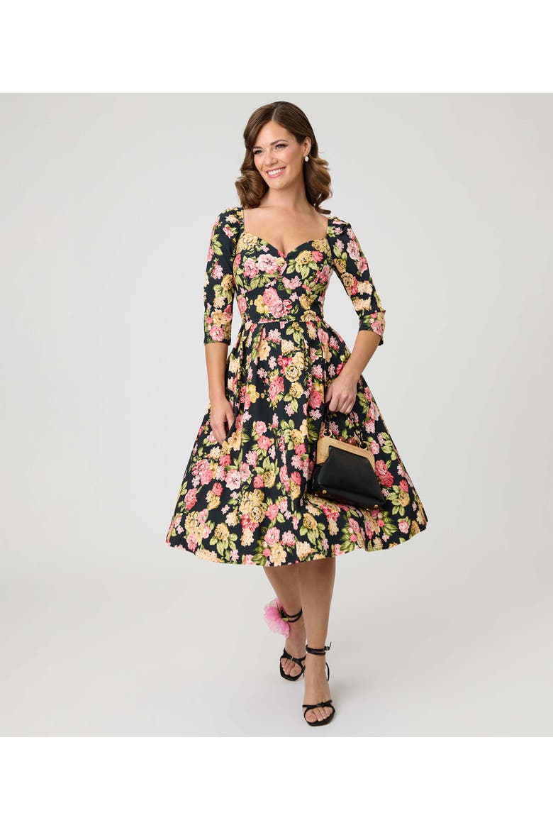 Woven Sweetheart Neckline Lamar Swing Dress, Alternate, color, Black Floral Print