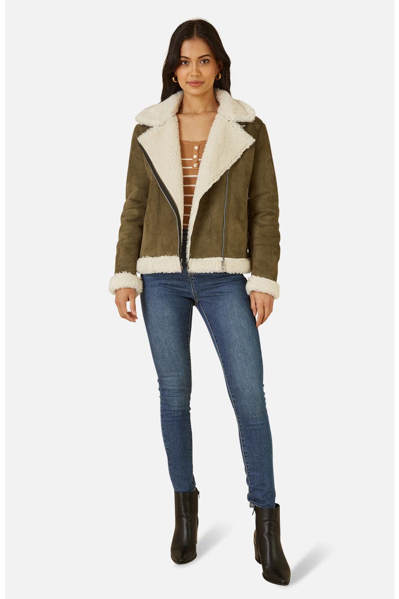 Faux Suede Shearling Biker Jacket, Alternate, color, Green
