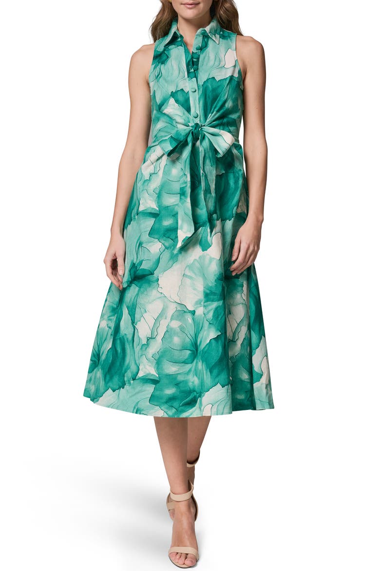 Floral Print Linen Blend Midi Dress, Alternate, color, LAWN MULTI