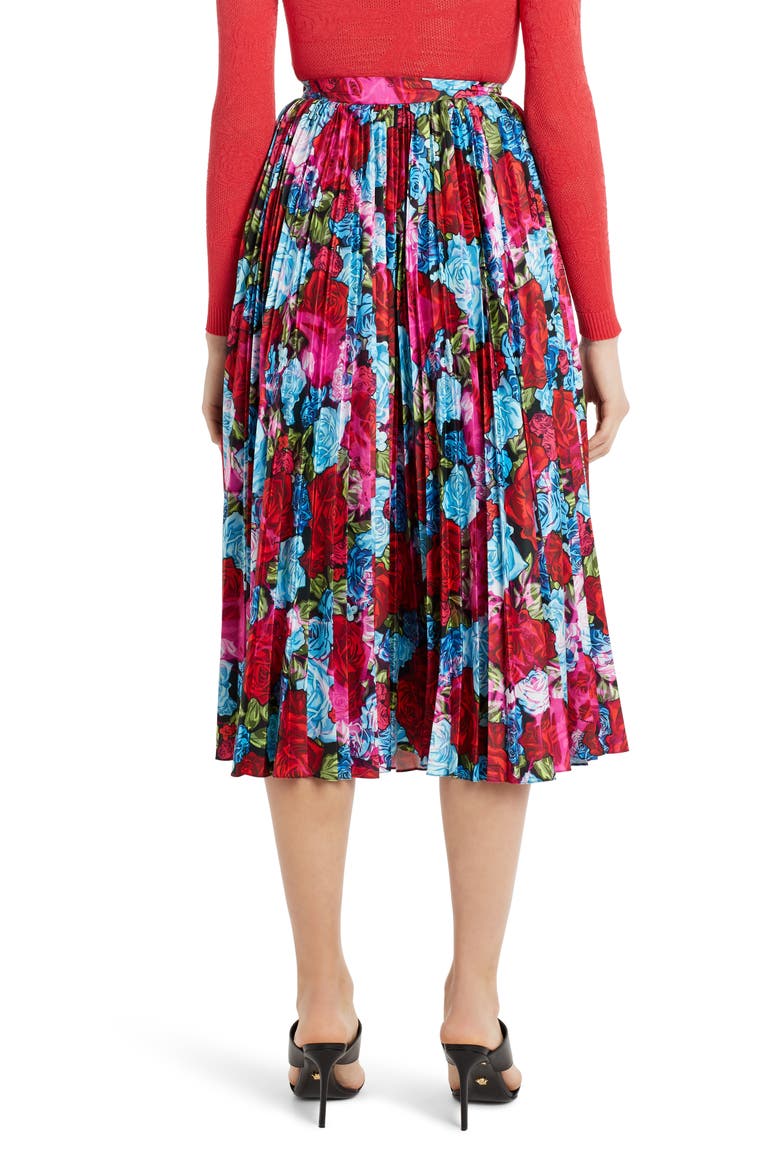 Pleated Floral Print Midi Skirt, Alternate, color, RED/ BABY BLUE/ FUCHSIA