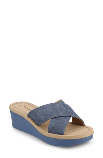 Shop Journee Collection Biara Platform Wedge Sandal In Denim