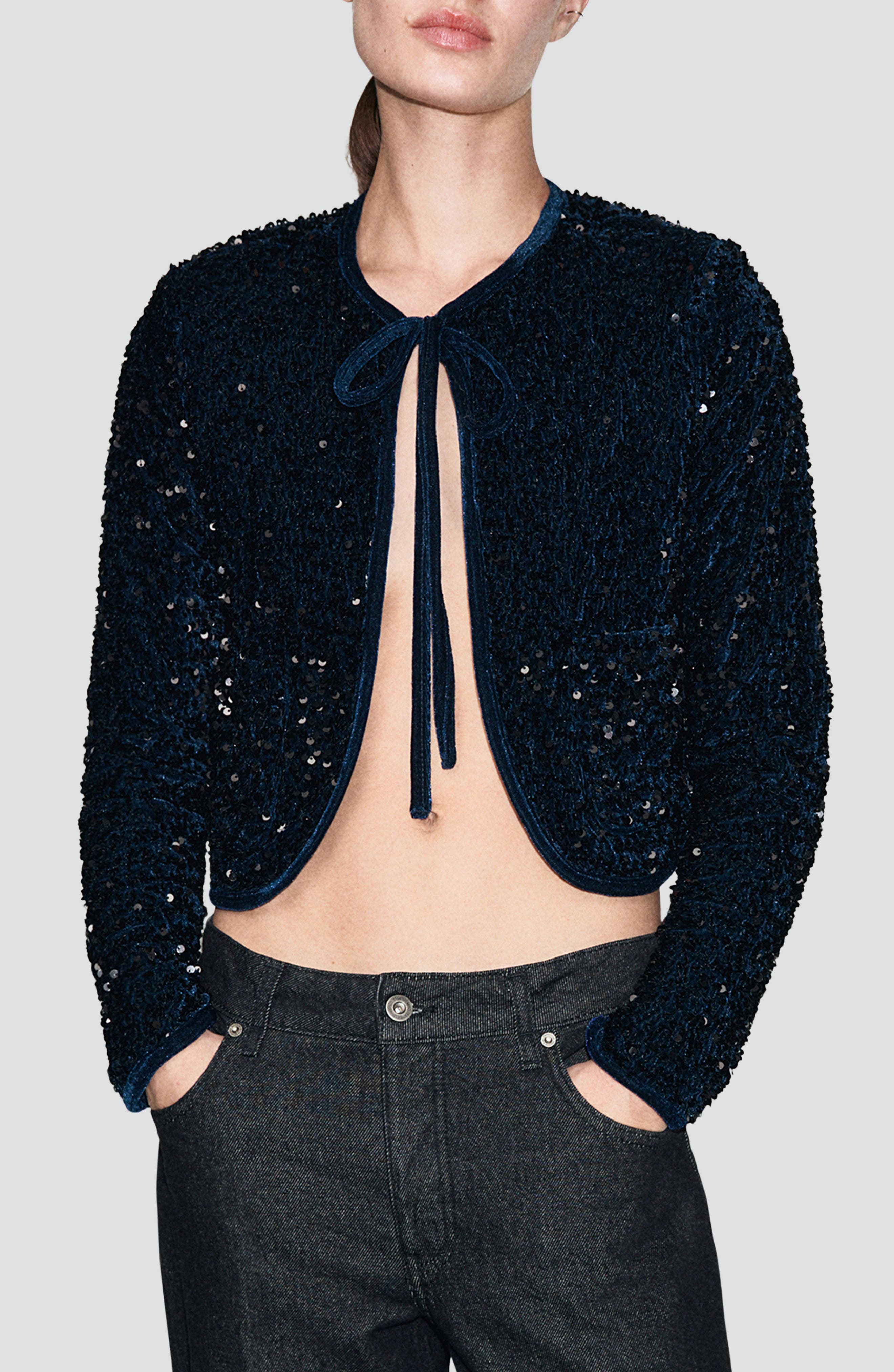 MANGO Sequin Velvet Tie Neck Jacket
