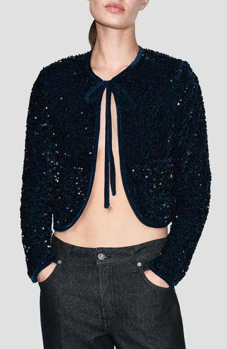 MANGO Sequin Velvet Tie Neck Jacket