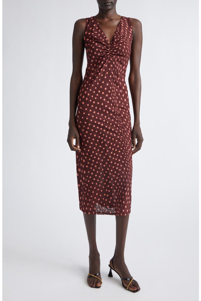 V-Neck Sleeveless Polka Dot Mesh Midi Dress, Main, color, BURGUNDY/ PINK