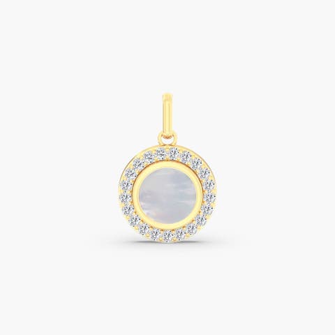 Small Mother-of-Pearl and Lab Diamond Disc Pendant Charm in 14K
