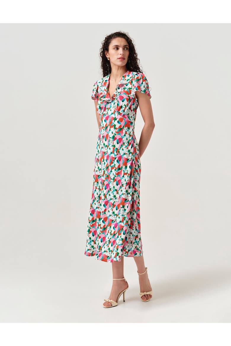 Kimmy Floral Frill Neck Crepe Midi Dress, Alternate, color, Pink Tulip