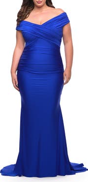 La Femme Off the Shoulder Ruched Plus Size Gown with Train