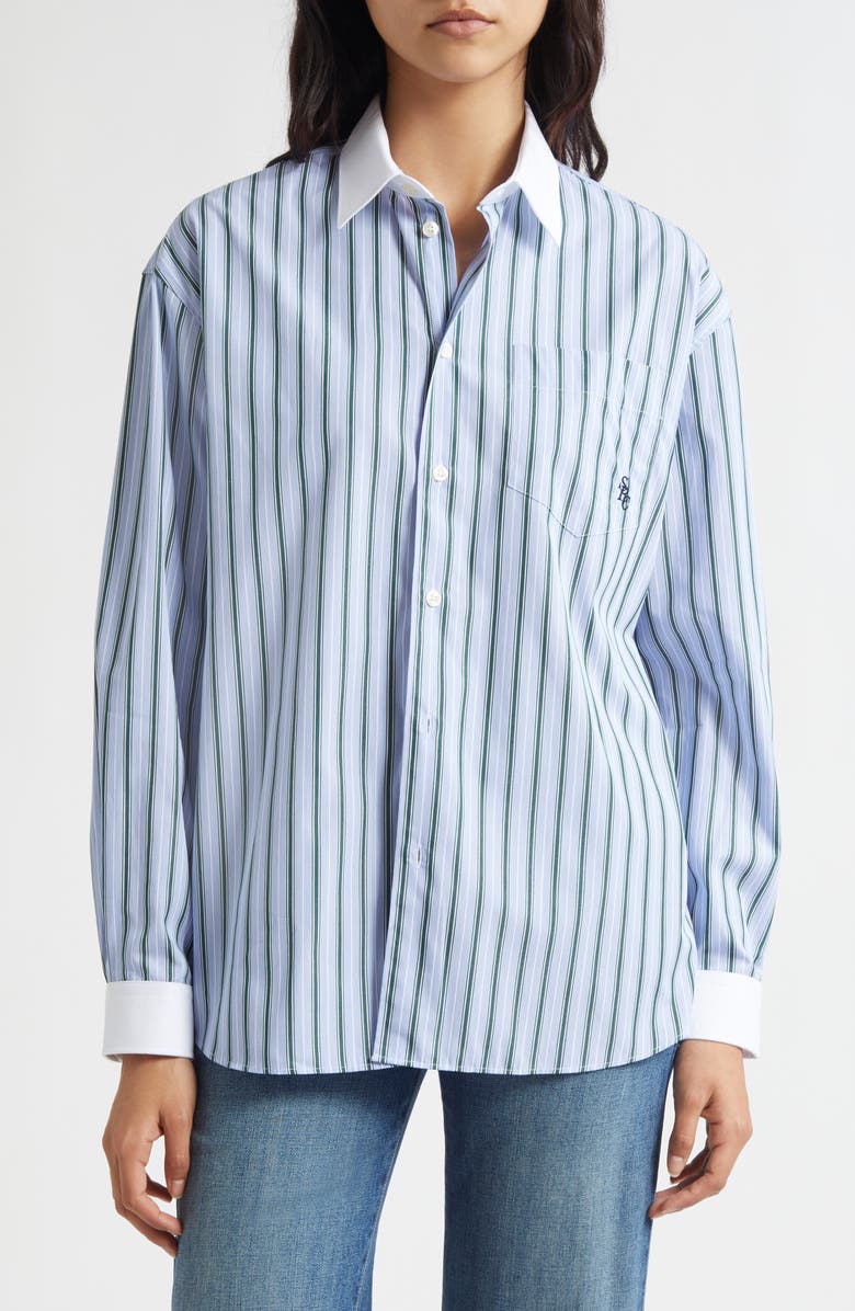Sporty & Rich SRC Stripe Oversize Cotton Poplin Button-Up Shirt, Alternate, color, Blue/ Green Multicolor Stripes